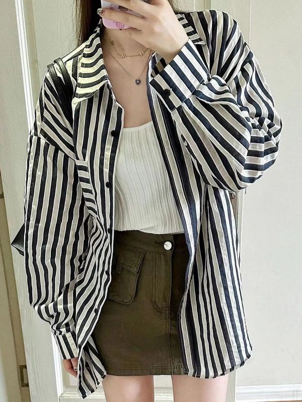 宽松外套休闲衬衣黑白条纹衬衫女慵懒风小个子春秋防晒长袖上衣|undefined