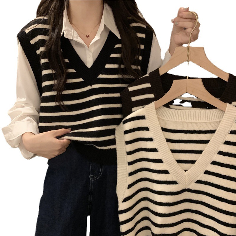 Negro y blanco rayas chaleco suéter primavera y otoño 2023 nuevo popular de las mujeres suelta superior image 6