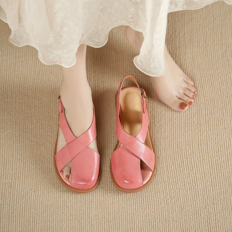 Dép sandal nữ quai chữ V đơn giản da bò mềm đế bệt — màu hồng