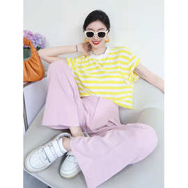 撞色拼接条纹清新T恤女简约休闲短款上衣