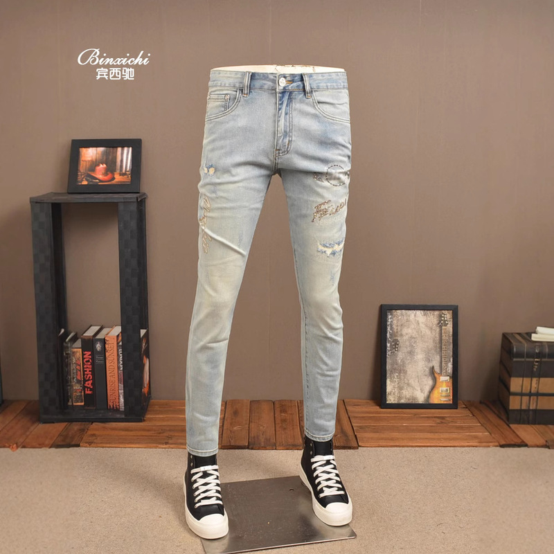 Summer Thin Light Ripped Printed Men's Jeans Stretch Slim-fit Trendy Brand High-end Hot Drilling Casual Skinny Pants