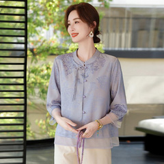 新型のお母さんの夏服の新しい中国式の国風の小さいシャツの中で老年の洋風の上着の中年のファッションの女性の7分袖の婦人服