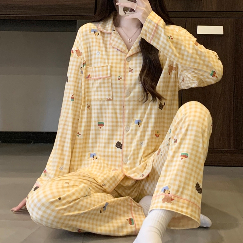 Al por mayor transfronterizo nuevo primavera y otoño pantalones de manga larga pijamas cardigans con ropa casualizada de algodón de dibujos animados