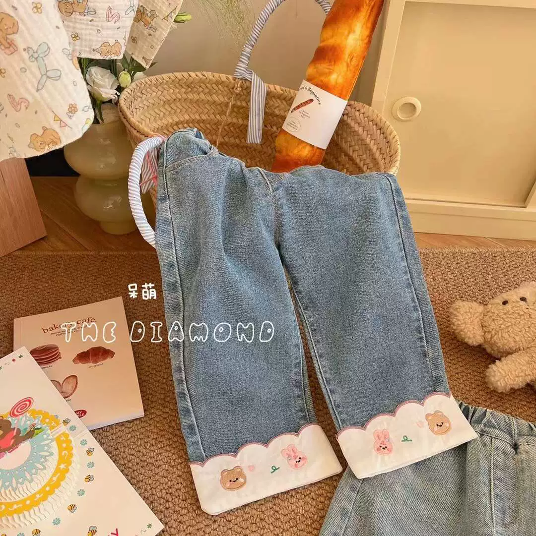童星圆 Cute jeans girl's, мягкие удобные брюки, с вышивкой, корейский стиль, западный стиль, свободный прямой крой