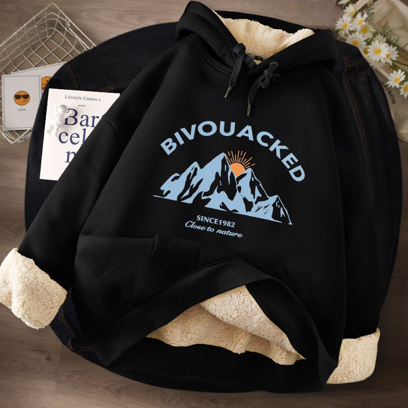 Damenbekleidung Plüsch-Sweatshirt für Herren im Herbst und Winter, dick, locker, große Lammfelljacke mit Kapuze, Oberteile für Herren_voghion.com