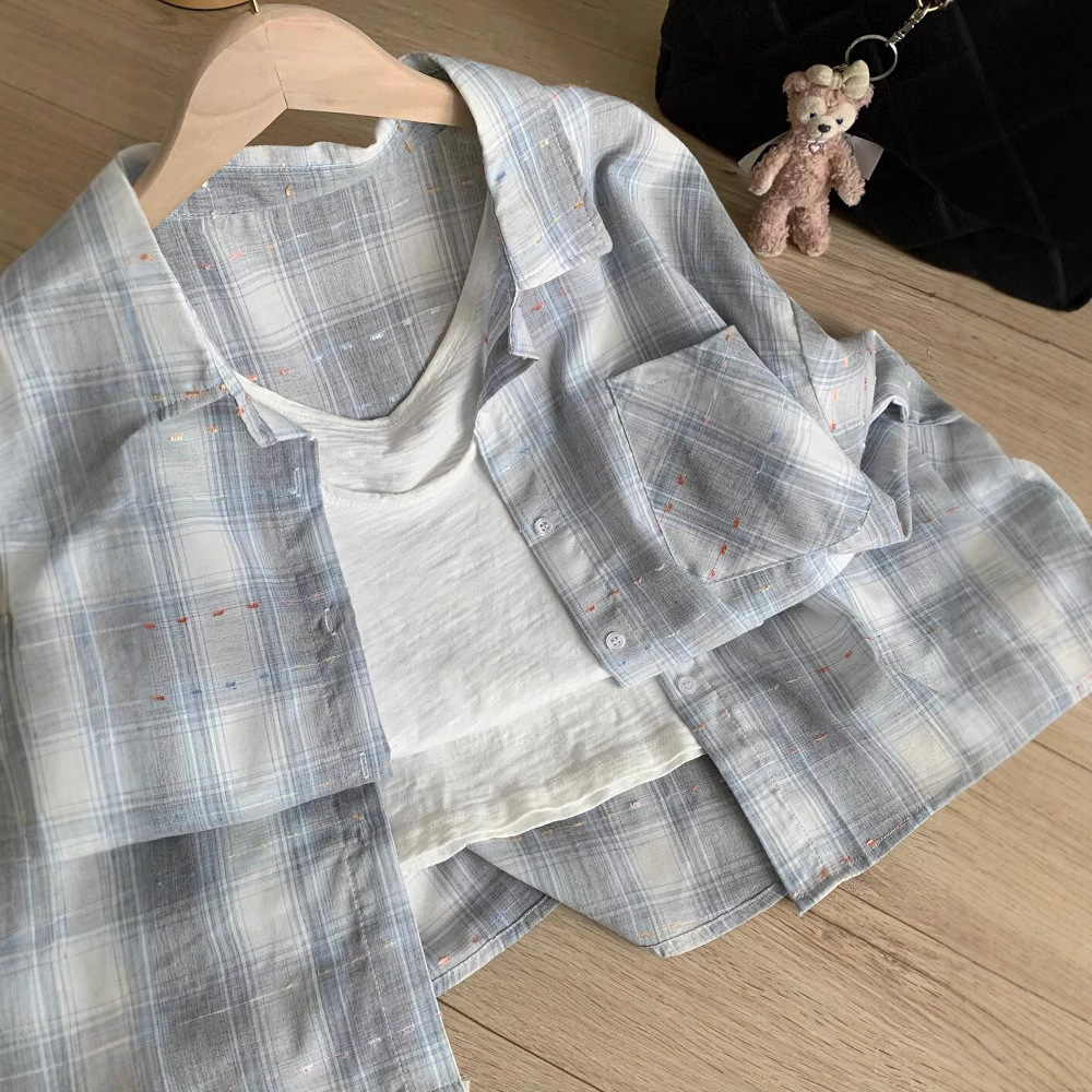 면 소재의 시원한 느낌의 봄철 얇은 체크무늬 셔츠, 여성용 레이어드 또는 단독 착용 가능, 루즈핏, 슬리밍, 긴팔 셔츠, 자외선 차단 셔츠, 이너웨어