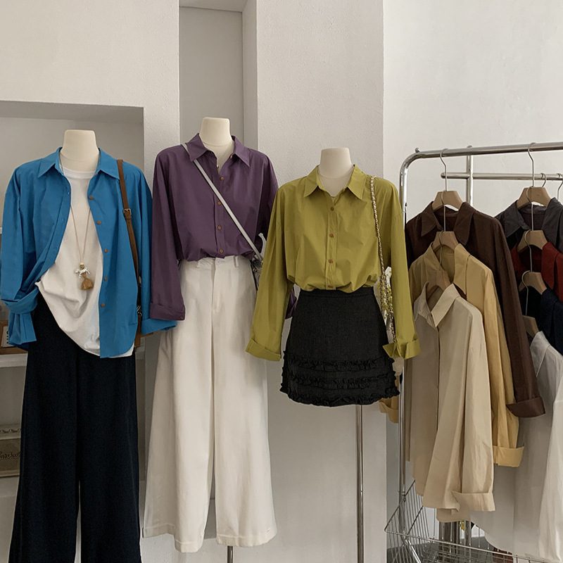 Omalai Ten-Color Versatile Lapel Single-Breasted Long-Sleeved Pure Color Mid-Length Loose Shirt Top for Women 4624