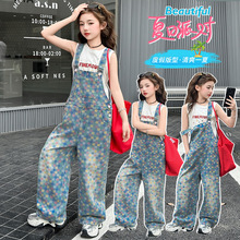 女大童牛仔背带裤套装夏季薄款新款休闲连体长裤工装吊带裤子套装