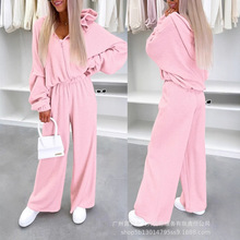 ODS5721女装纯色拉链连帽卫衣+松紧腰休闲裤运动套装