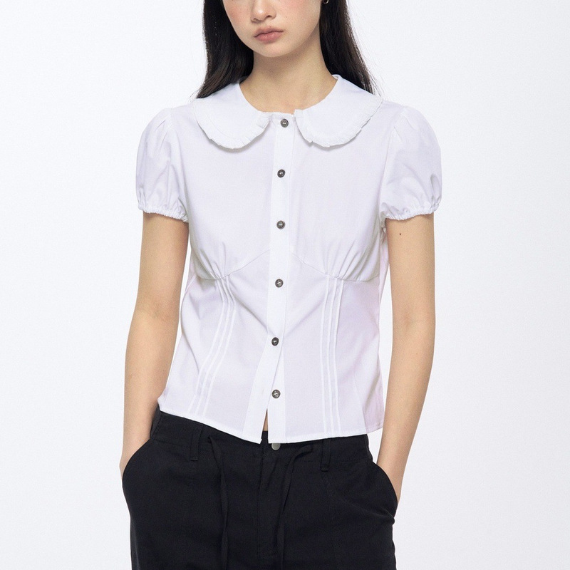 Archivu Lace Ruffle Doll Collar Shirt with Shell Buttons, Slim Fit Design, Short-Sleeve T-Shirt for Summer