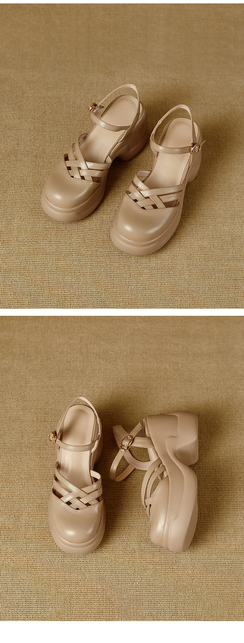 Sandal nữ quai chữ V đế bánh xốp dày dệt lồng phong cách La Mã — màu trắng ngà chi tiết 11