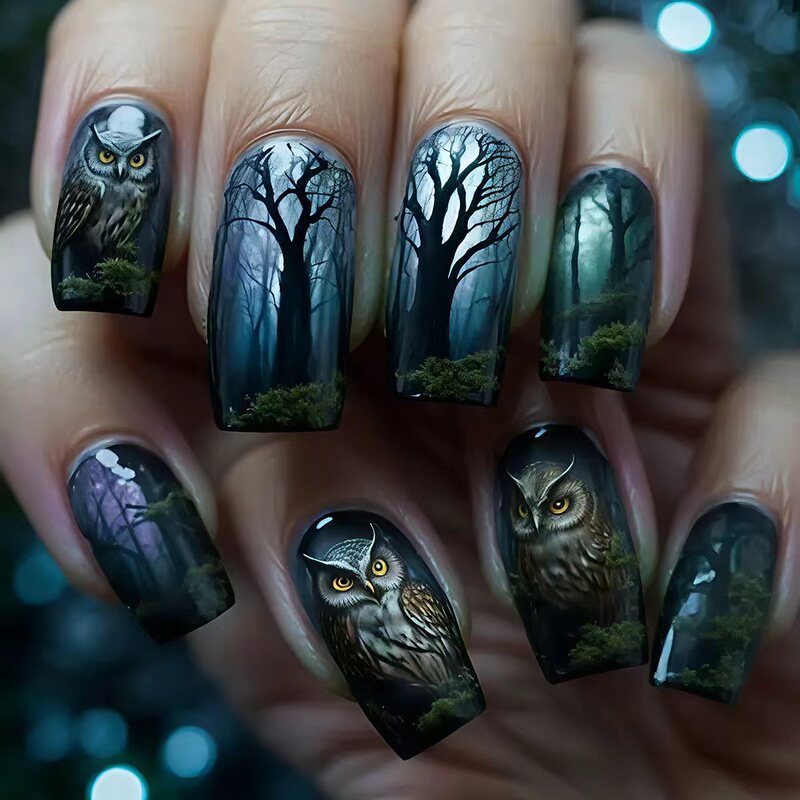 Cross-Border Hot-Selling European and American Style Sweet-Cool Dark Halloween Square Owl Short Fake Nails Finished Product Wholesale Cross-Border Hot-Selling European and American Style Sweet-Cool Dark Halloween Square Owl Short Fake Nails Finished Product Wholesale