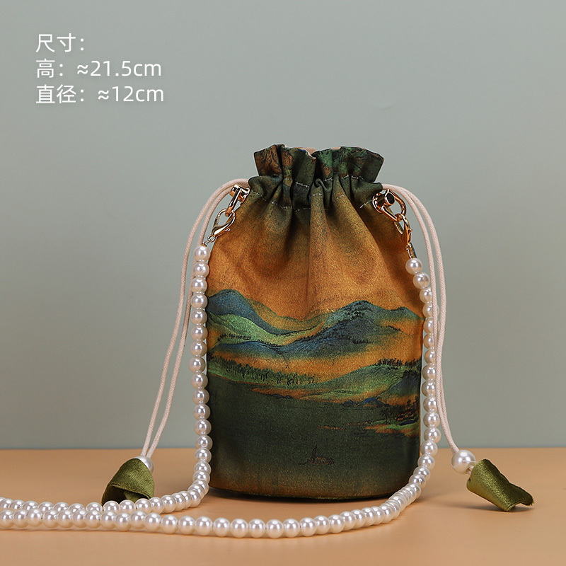 千里江山図手作り布 DIY 材料バッグハンドバッグ竹ハンドルリップ型口ゴールドバッグ未完成品|undefined