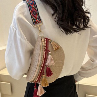 Women's Waist Bag Wholesale New Summer Ethnic Style Retro Tassel Wide Shoulder Strap Crossbody Bag Versatile Women's Chest Bag Color Block
