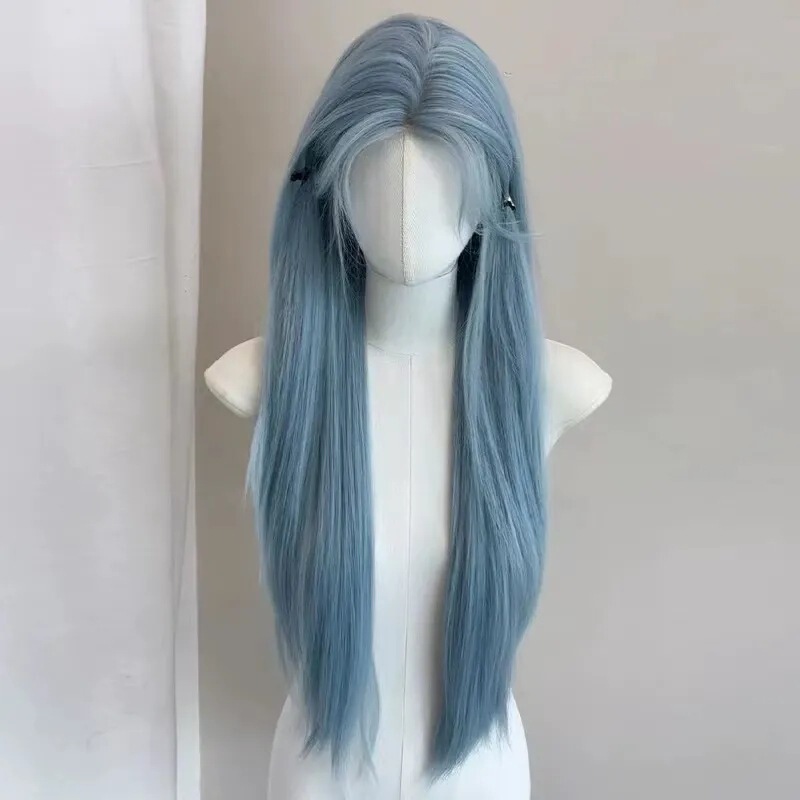 Glacier Lanyu Forehead Lace Low Saturation Blue Wig Women's Simulated Hair Full Headgear Women's Summer Lightweight Style Glacier Lanyu Forehead Lace Low Saturation Blue Wig Women's Simulated Hair Full Headgear Women's Summer Lightweight Style