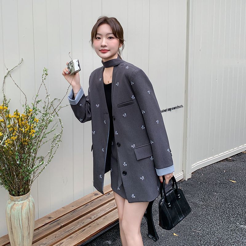 2025春秋新款高级感飘带气质半身裙两件套蝴蝶结刺绣西装套装裙女|undefined