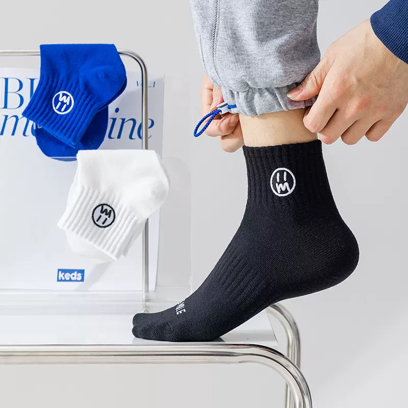 袜子男士 春夏薄笑脸ins潮字母刺绣低帮束腰透气吸汗运动中筒棉袜