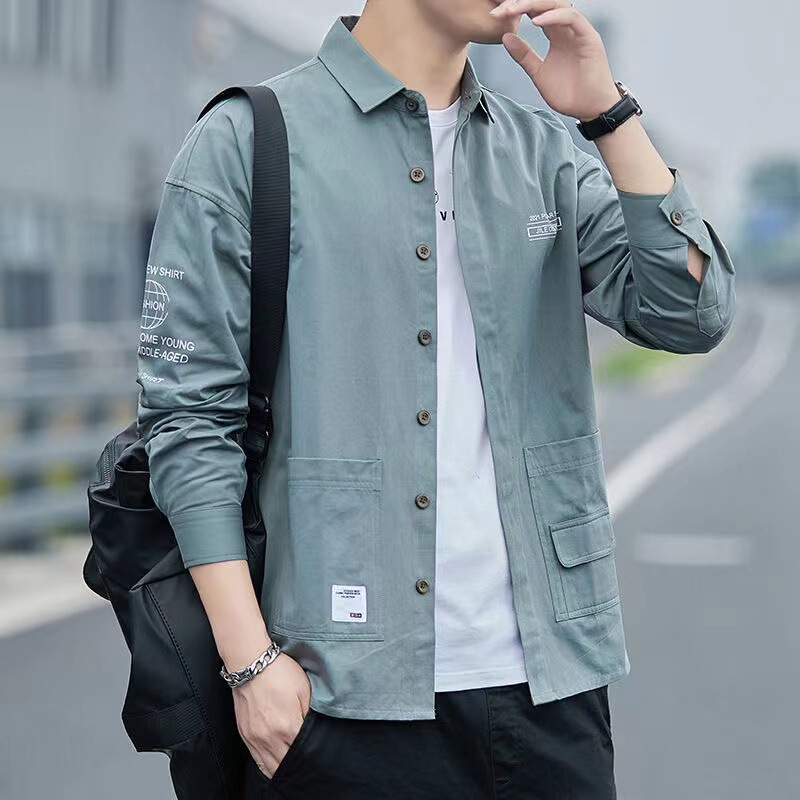 Pure cotton long sleeve shirt men's spring and autumn Hong Kong style leisure work shirt coat thin jacket men's wholesale fashion