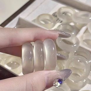 Natural Agate White Moonlight Chalcedony Genuine Ice Ring Female Niche Men and Women Ring Plain Ring Couple Ring Gift