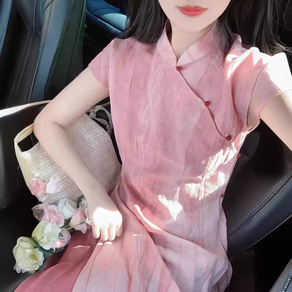 New Chinese Style Women's Peach Pink National Style Vertical Collar Improved Cheongsam Spring and Summer New Style Dress Fairy Super Fairy Mori Style