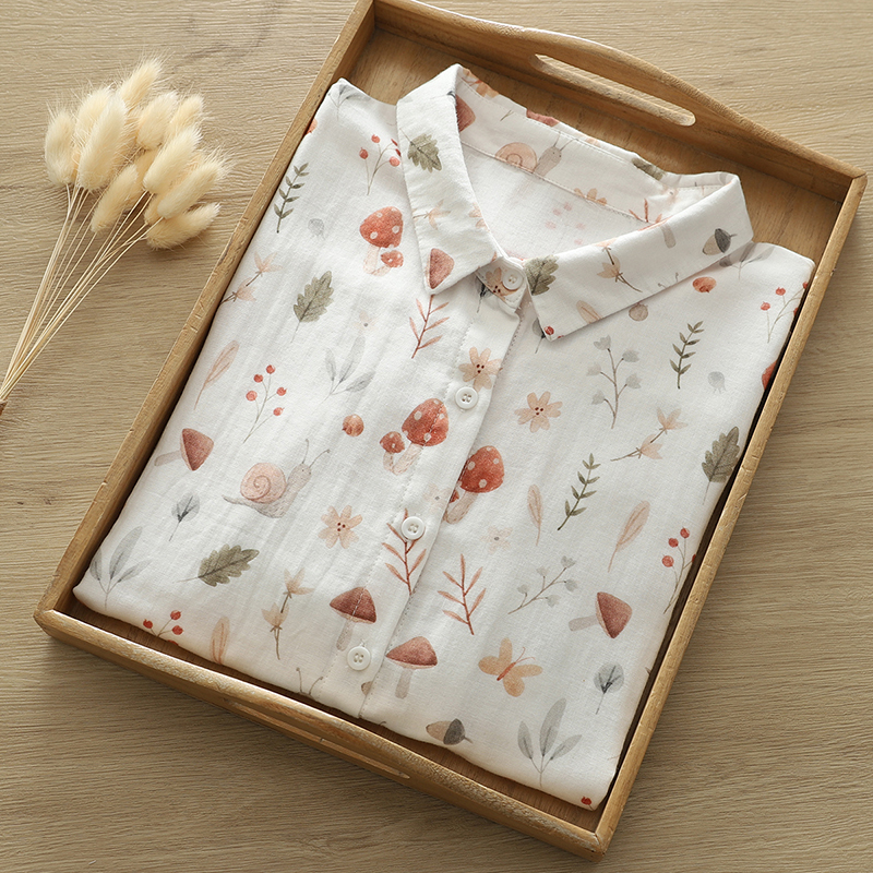 Summer Pure Cotton Fresh Cotton Yarn Printed Shirt Women's Short-sleeved Seven-point-sleeve Loose All-match Artistic White Shirt Women's