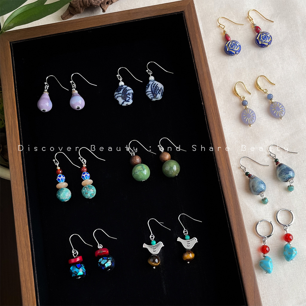 「观山丘」个性新中式天然石耳环小众设计文艺复古民族风陶瓷耳饰