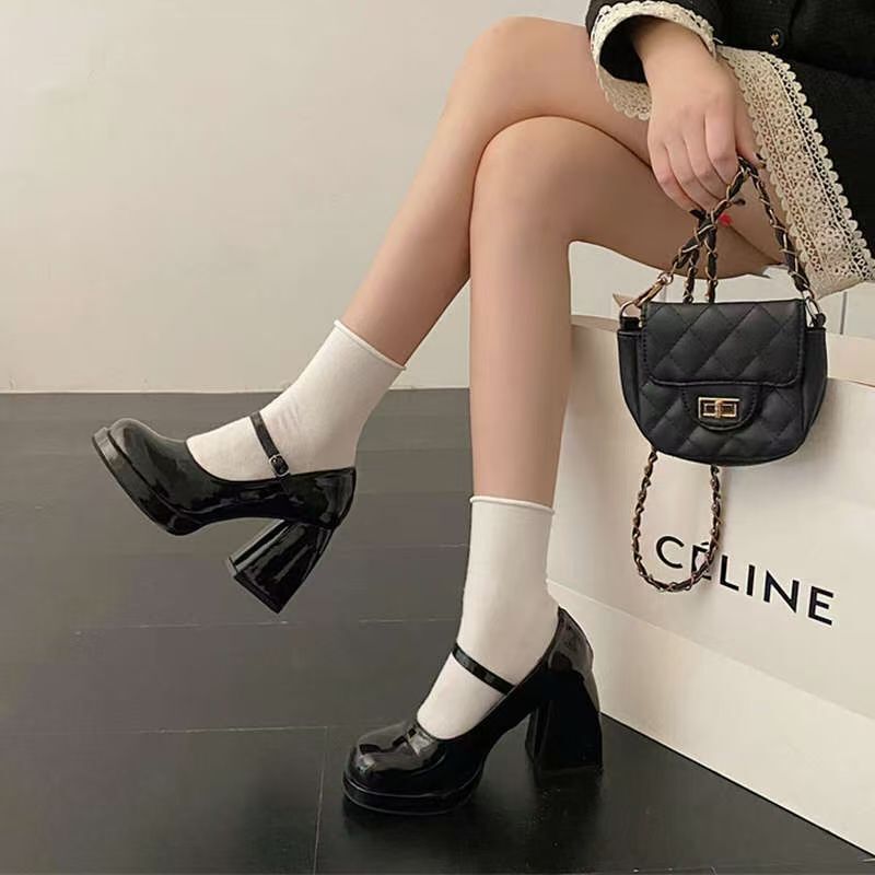 Women's High-Heeled Mary Jane Shoes for Outer Wear 2025 New Style Thick-Heeled Thick-Soled Small Height-Increasing Black Leather Shoes Women's High-Heeled Mary Jane Shoes for Outer Wear 2025 New Style Thick-Heeled Thick-Soled Small Height-Increasing Black Leather Shoes