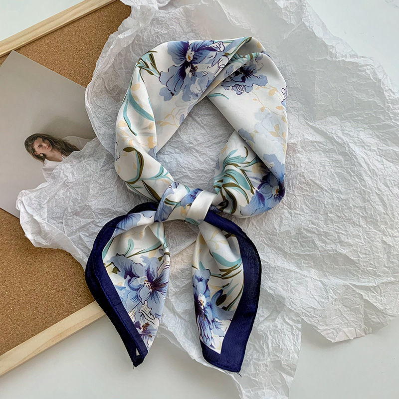 Bufanda de seda, bufanda cuadrada pequeña, sensación premium, nuevo estilo coreano, chal de seda de imitación dulce y fresco, bolso de flores, pañuelo en la cabeza, cinturón para el cabello