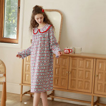 【温暖plus-全棉磨毛】甜美可爱翻领木耳边柔软舒适长袖家居睡裙