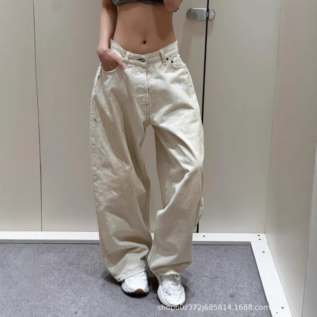 Wu Xuanyi's Same Style 25 Early Autumn Retro Niche Design Dirty Dye Splash Ink Hand-Painted Loose Straight Wide-Leg Jeans for Women