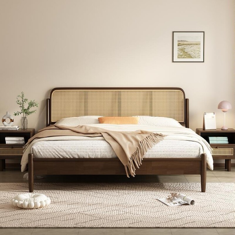 中世スタイル籐無垢材ベッド 1.8m ダブルベッド 1.5 メートル小さなアパートシンプルな和風 B&B わびさびレトロベッド|undefined