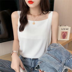 Women's Square Collar Strappy Tank Top 2021 Summer Chiffon Loose Black and White Layering Blouse for Innerwear and Outerwear Sleeveless Basic Top