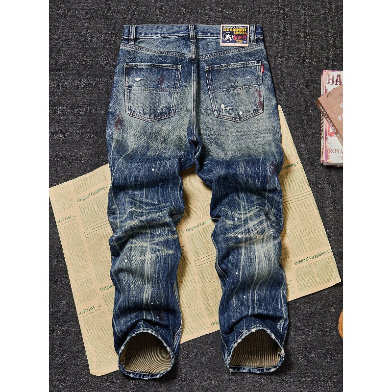 Men's Premium Heavyweight Vintage Jeans – Streetwear Distressed Washed Denim Pants, Relaxed Straight-Leg Fit, Light Blue_mkmklike.com
