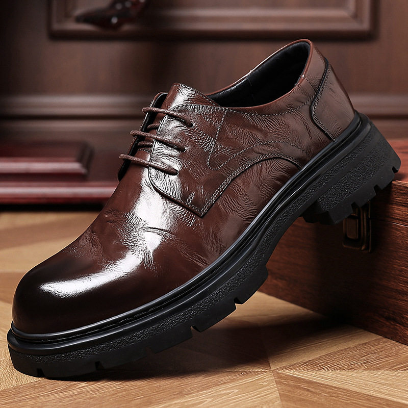 Giày Derby nam da bò thật lớp đầu, đế dày tăng chiều cao, gót 3–5 cm, dây buộc, phong cách công sở — G88012 màu nâu, G88012 màu đen