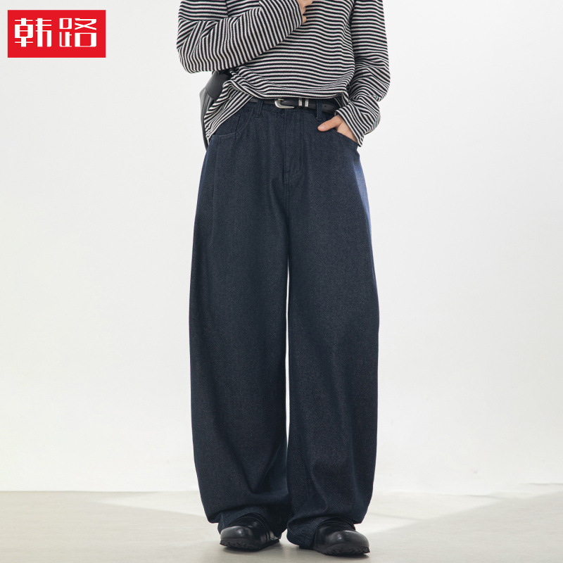 Vintage Raw Denim Jeans with Spring-Style Curved Leg Design, Pleated Pockets, Loose Fit, Trendy Straight-Leg Pants