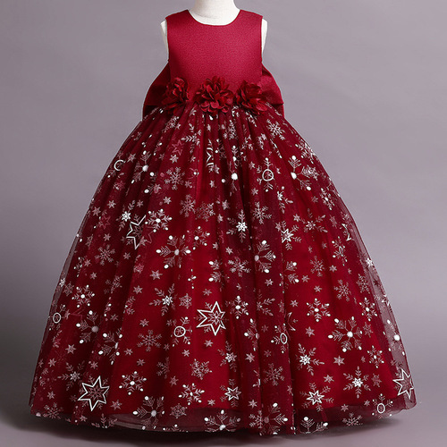Girls' dress evening dress printed mesh puffy dress princess dress sweet host dress speech performance