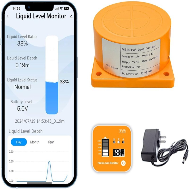 Me201R Tuya App Ultrasonic Liquid Level Sensor with Lcd Display Temperature Indicator Liquid Level Monitoring