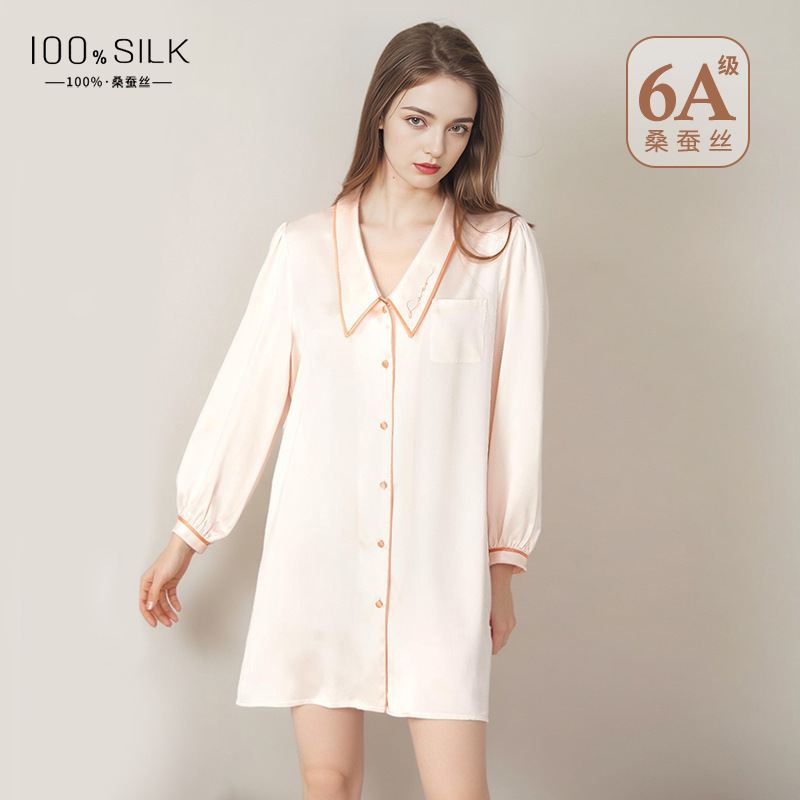 2026 New Summer Silk Nightgown for Women, 100% Mulberry Silk, Sexy Thin Style, Doll Collar, Home Wear Shirt Dress