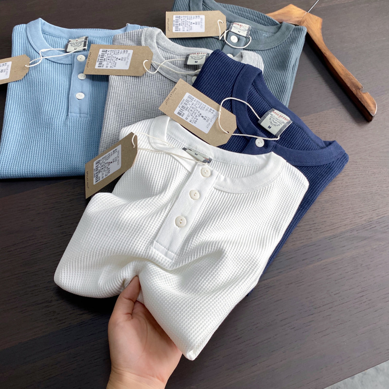 Half sleeve! Heavy waffle! American Retro Henry Collar Foreign Trade Men's Summer Base Shirt Short-sleeved T-shirt