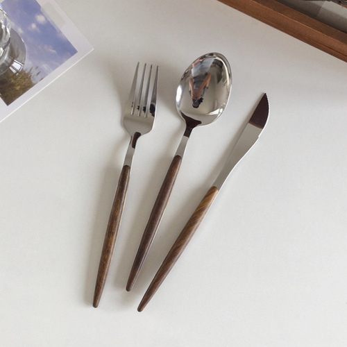 Tableware knife fork spoon stainless steel wood grain handle steak knife dessert trendy tableware spoon fork student tableware