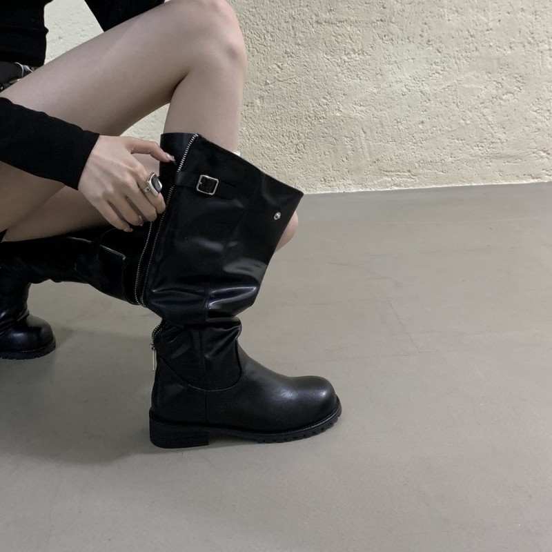 韩版设计感褶皱瘦瘦靴女2025秋季新款复古风高筒堆堆靴|undefined