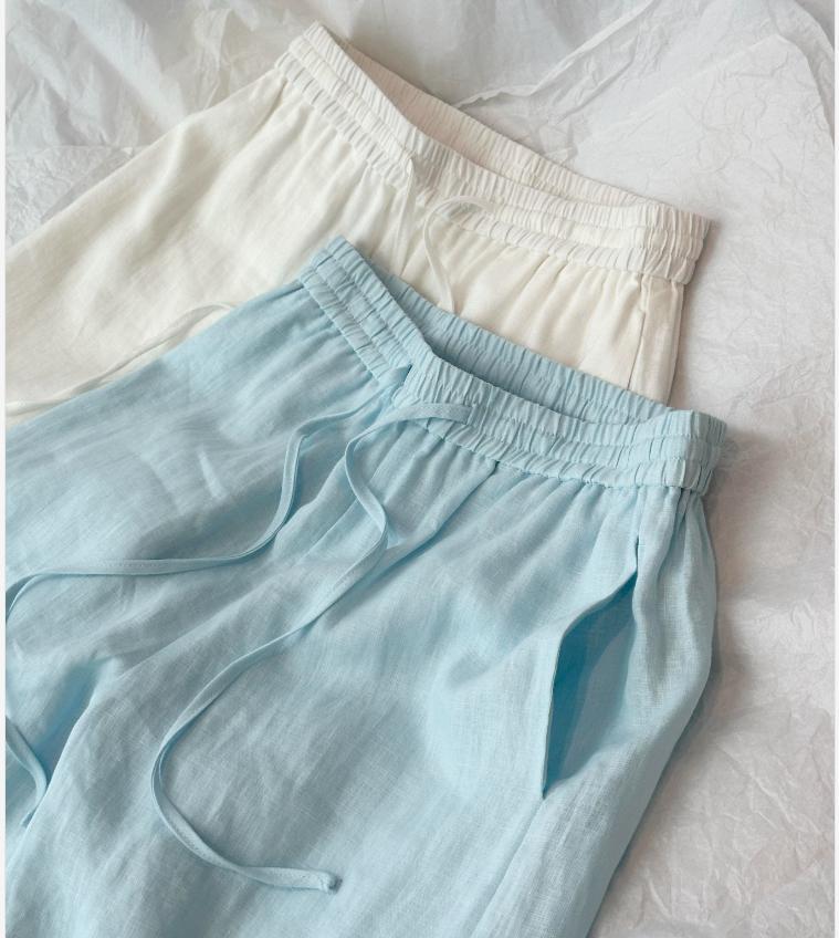 Quần short nữ vải lanh nhập khẩu thiết kế viền tua rua có lót dáng chữ A — xanh lam, màu trắng chi tiết 3