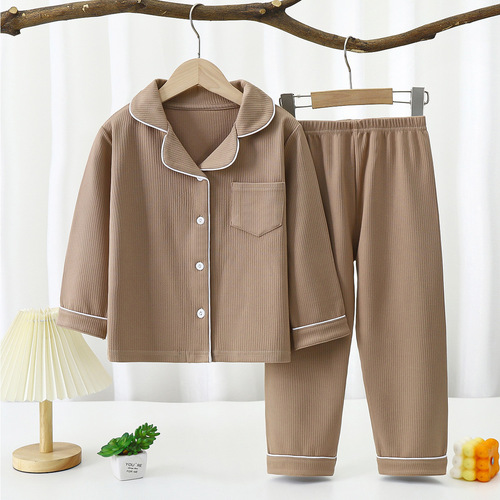 New children's velvet pajamas, medium and large children's home clothes suits for boys and girls, autumn and winter long-sleeved lapel home clothes