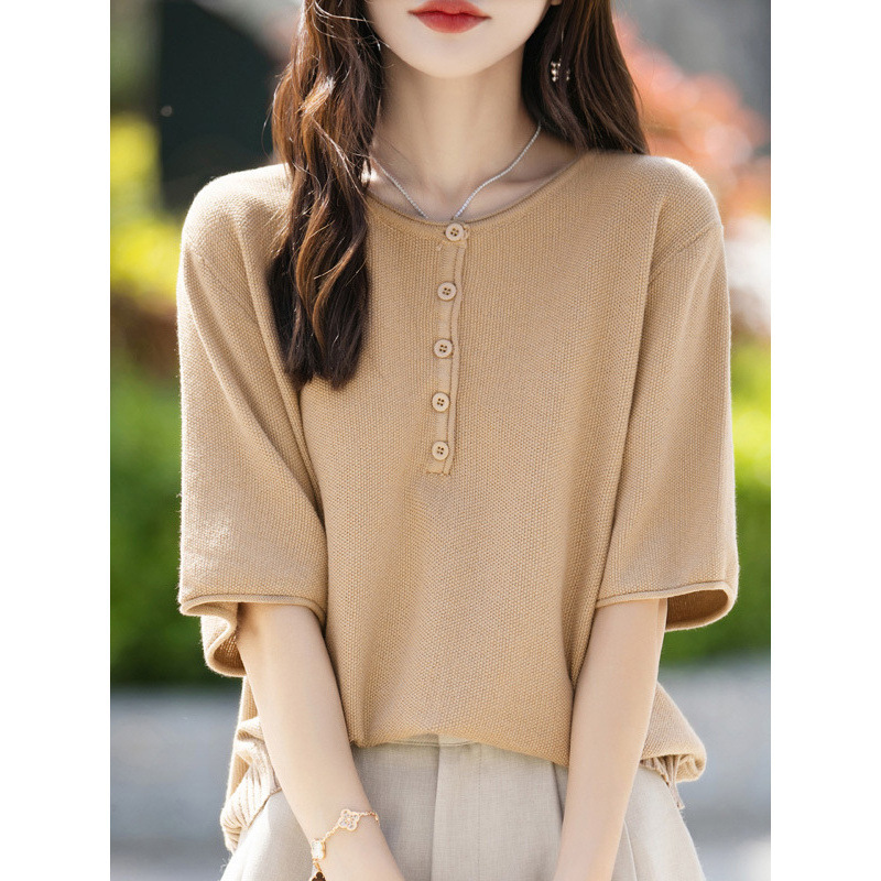 New Simple Round Neck Knitted Short-Sleeved Women's Pure 25 Spring and Summer Cotton Versatile Tops Loose Large Size Pullover T-Shirts