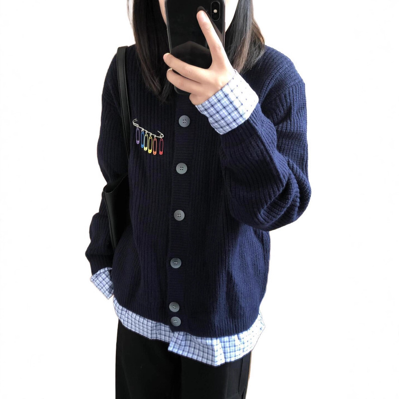 设计感格子拼接慵懒风复古别针假两件针织衫外套女秋冬毛衣开衫潮|undefined