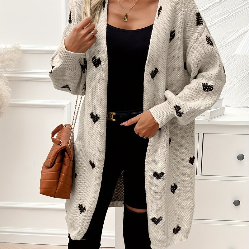 Cozy Heart Pattern Knitted Cardigan Soft Casual Long针织开衫|undefined