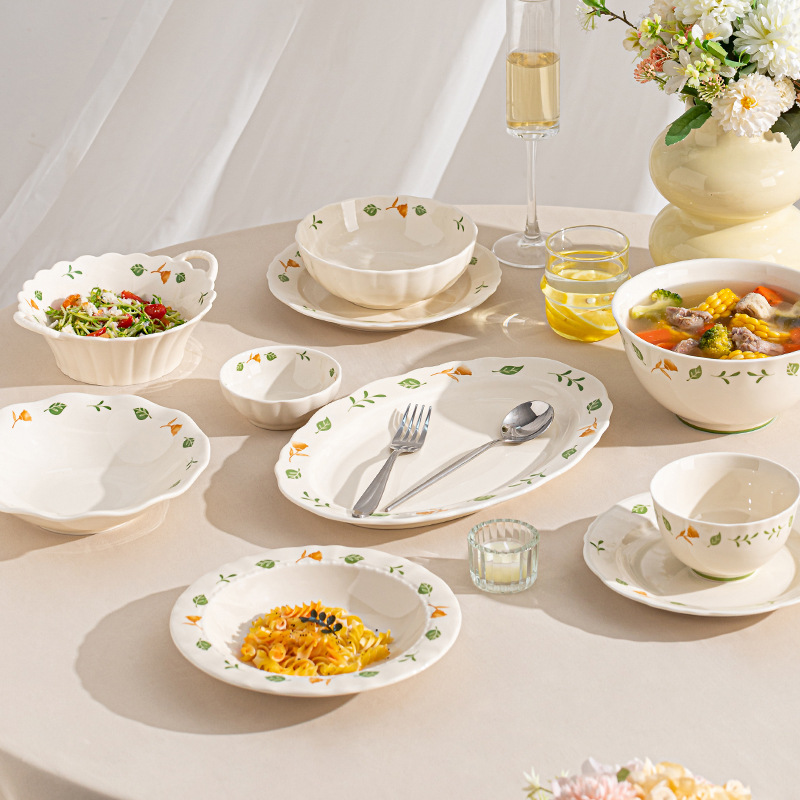 Juego de platos de colores bajo vidriado para el hogar de alto valor, simple, fresco, flor, cuenco de cerámica, plato, cuenco de sopa, vajilla de cerámica