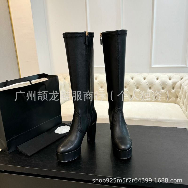 高端2025秋冬小香风真皮圆头防水台粗高跟侧拉链高筒显瘦弹力长靴|undefined
