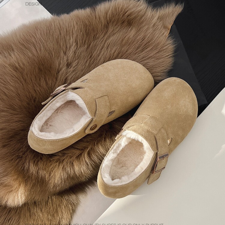 牛皮版~2025冬新款加绒保暖真皮全包勃肯鞋厚底博肯鞋女单鞋百搭