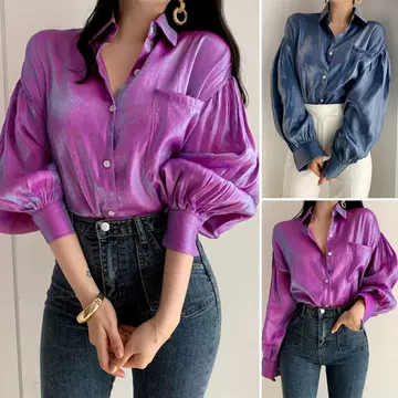 Button Purple Gray Lapel Pocket Lantern Sleeve Long-sleeved Shirt Women - ShopShipShake